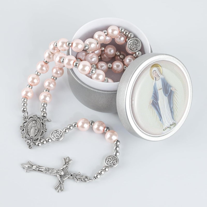 SUTANALE 8mm Glass Pearl Rosary Necklace for Women - Catholic Prayer Beads with Gift Box, Handmade Religious Jewelry for Baptism, First Communion - Image 2